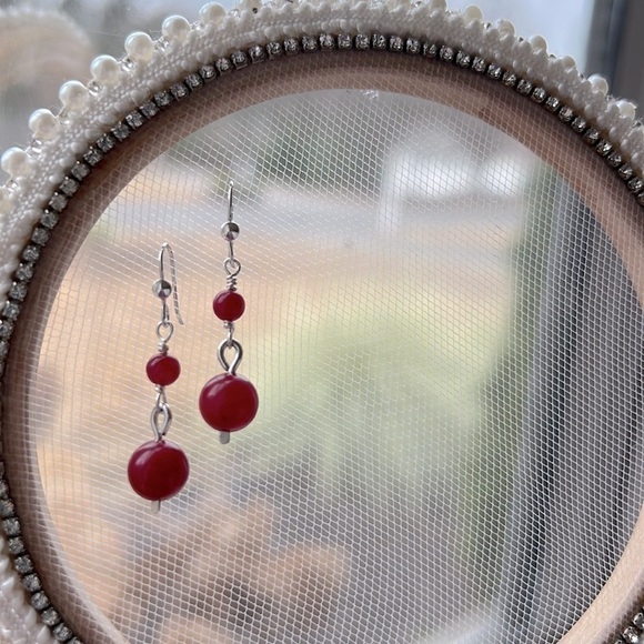 ARTISAN 𝅺Crimson Red Jade Beaded Dangle Sterling Silver Earrings - Picture 3 of 14